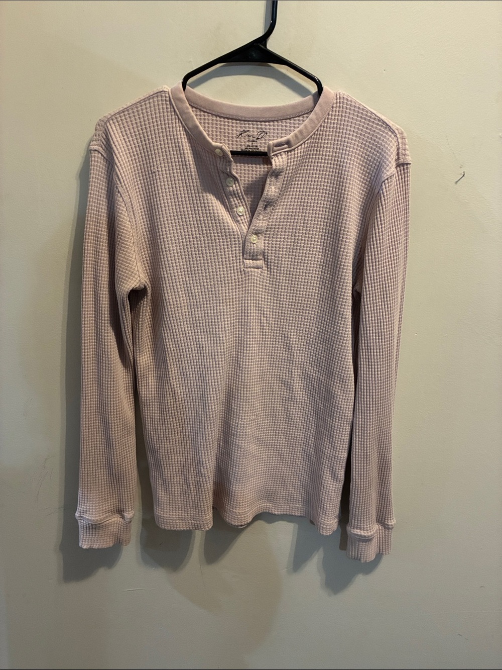 Waffle-Knit Henley Long Sleeve Top in Light Mauve